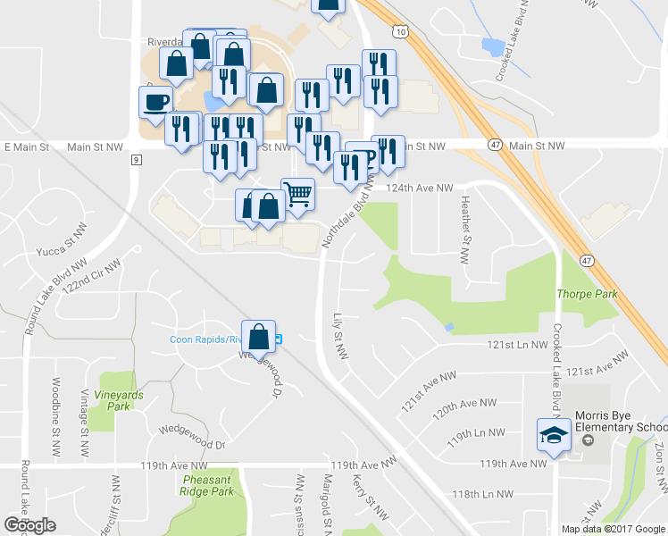 map of restaurants, bars, coffee shops, grocery stores, and more near 12272 Lily Street Northwest in Coon Rapids