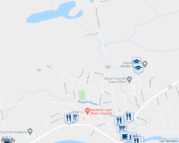 map of restaurants, bars, coffee shops, grocery stores, and more near 1 Whittier Street in Dover-Foxcroft