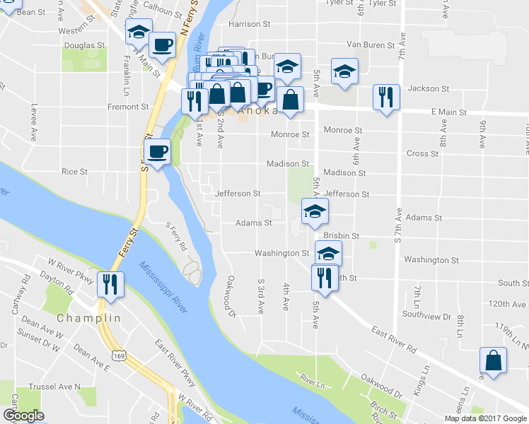 map of restaurants, bars, coffee shops, grocery stores, and more near 1612 3rd Avenue in Anoka