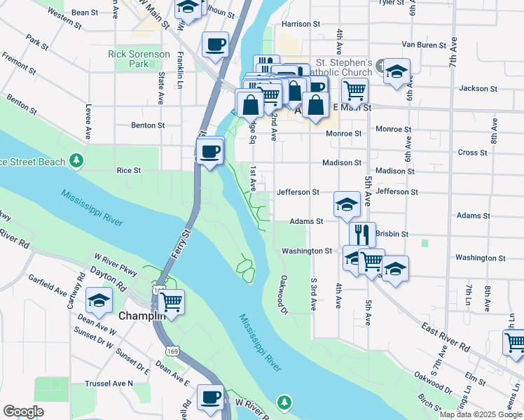 map of restaurants, bars, coffee shops, grocery stores, and more near 1640 Rivers Pointe Court in Anoka