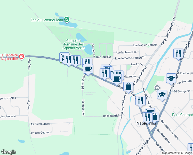 map of restaurants, bars, coffee shops, grocery stores, and more near 519 Rue Saint-Jacques in Napierville