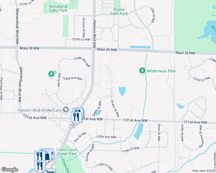 map of restaurants, bars, coffee shops, grocery stores, and more near 12280 Drake Street Northwest in Minneapolis