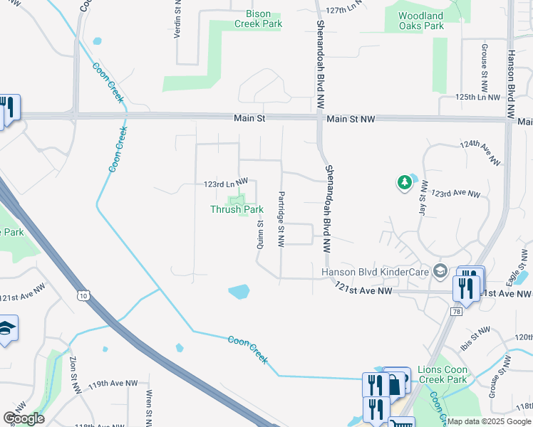 map of restaurants, bars, coffee shops, grocery stores, and more near 12261 Quinn Street in Minneapolis