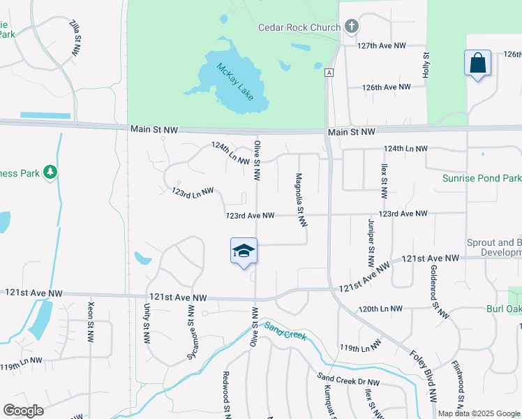 map of restaurants, bars, coffee shops, grocery stores, and more near 781 123rd Avenue Northwest in Minneapolis