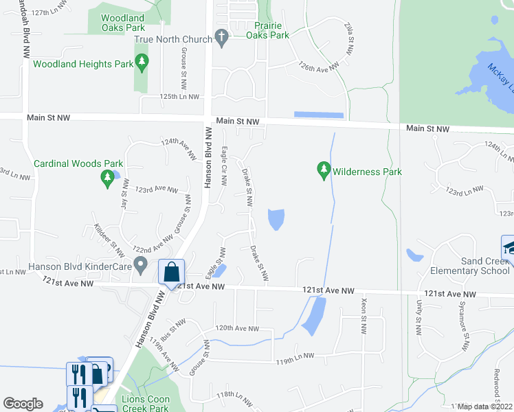 map of restaurants, bars, coffee shops, grocery stores, and more near 12293 Drake Street Northwest in Minneapolis
