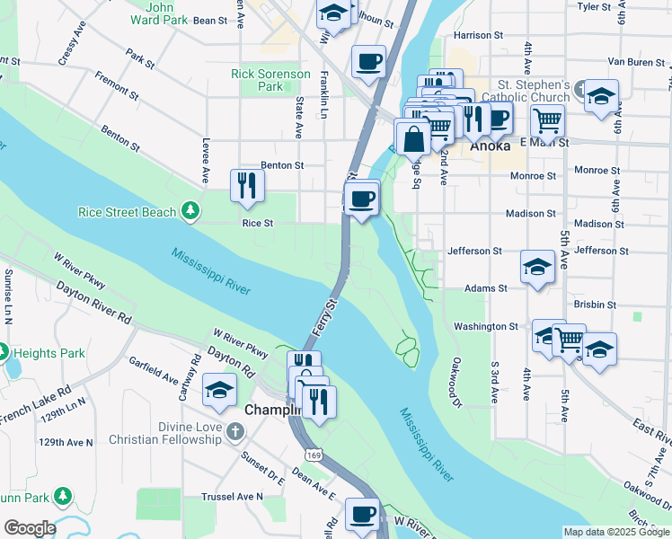 map of restaurants, bars, coffee shops, grocery stores, and more near 1514 Franklin Lane in Anoka