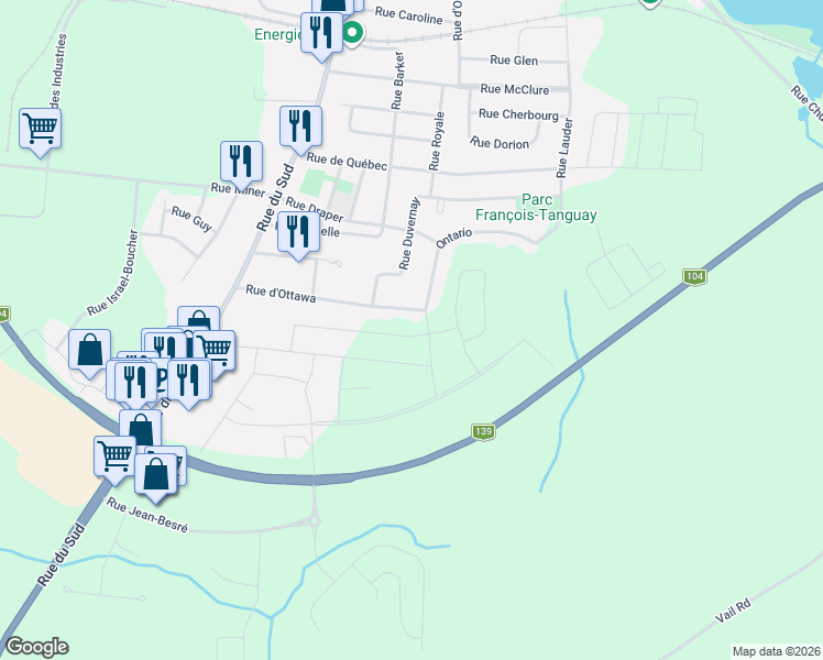 map of restaurants, bars, coffee shops, grocery stores, and more near 165 Rue Mc Dermott in Cowansville