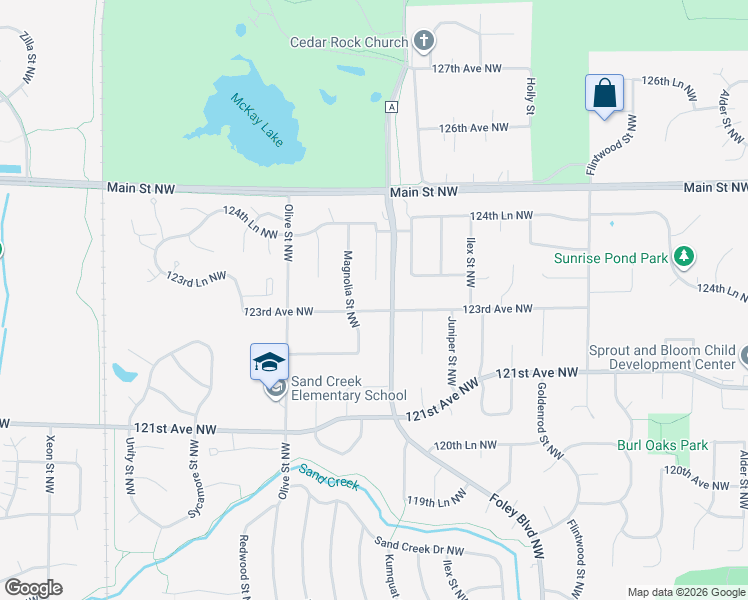 map of restaurants, bars, coffee shops, grocery stores, and more near 697 123rd Avenue Northwest in Minneapolis