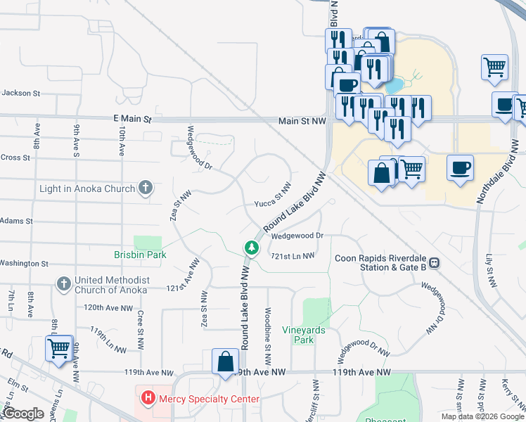 map of restaurants, bars, coffee shops, grocery stores, and more near 12331 Yucca Street Northwest in Coon Rapids