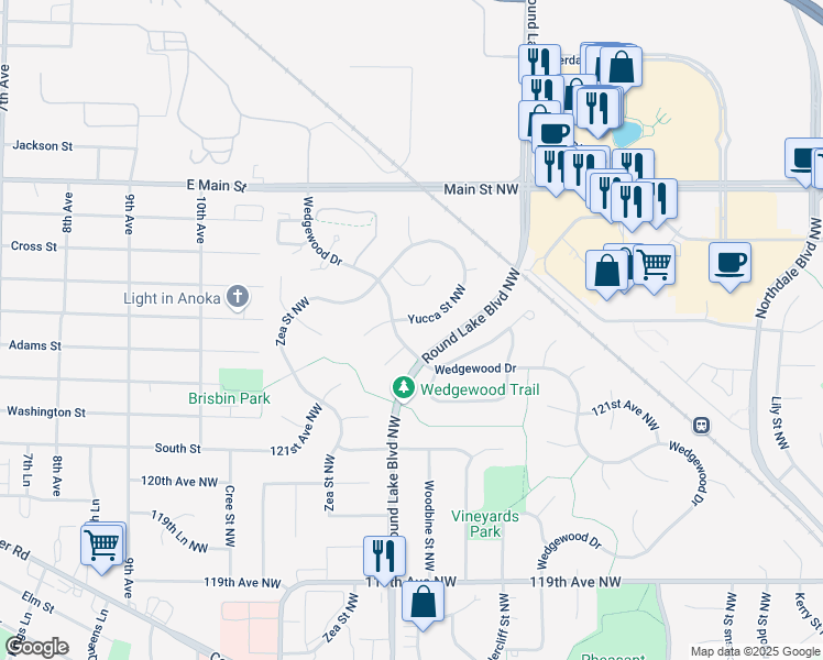 map of restaurants, bars, coffee shops, grocery stores, and more near 12315 Yucca Street Northwest in Coon Rapids