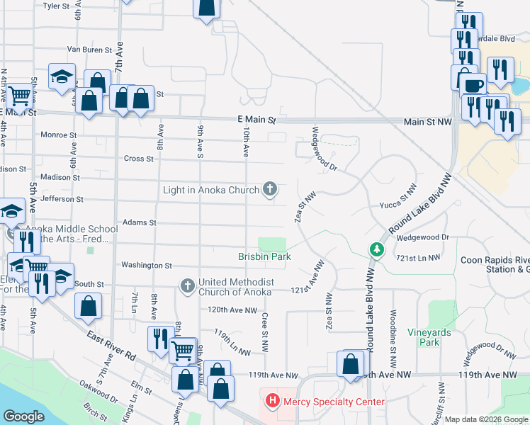 map of restaurants, bars, coffee shops, grocery stores, and more near 1038 Jefferson Street in Anoka