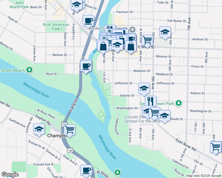 map of restaurants, bars, coffee shops, grocery stores, and more near 1640 Rivers Pointe Court in Anoka