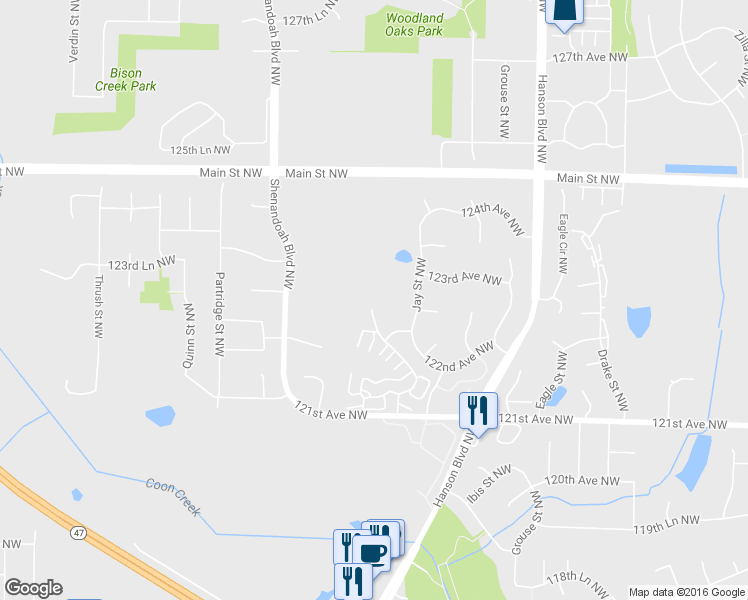 map of restaurants, bars, coffee shops, grocery stores, and more near 12291 Killdeer Street Northwest in Minneapolis