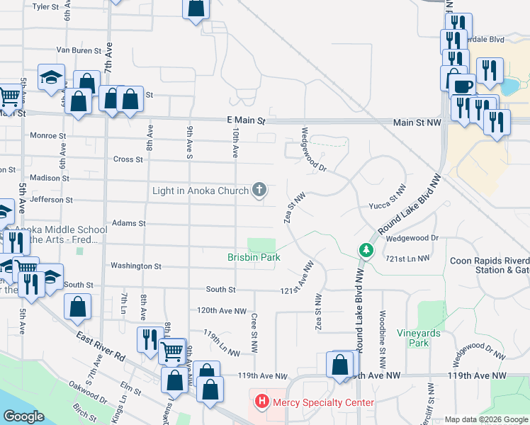 map of restaurants, bars, coffee shops, grocery stores, and more near 1038 Jefferson Street in Anoka