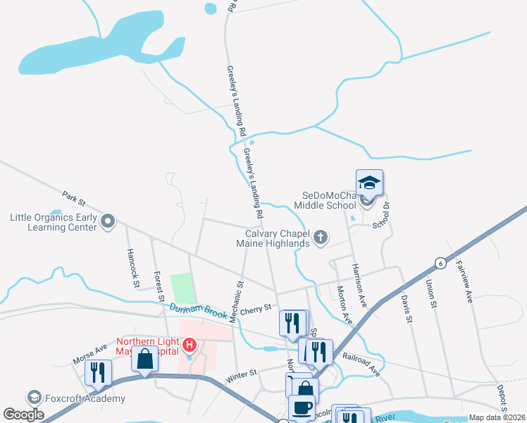 map of restaurants, bars, coffee shops, grocery stores, and more near 1 Whittier Street in Dover-Foxcroft