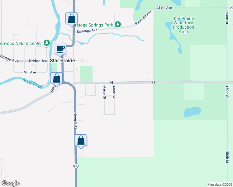 map of restaurants, bars, coffee shops, grocery stores, and more near 308 Marc Street in Star Prairie