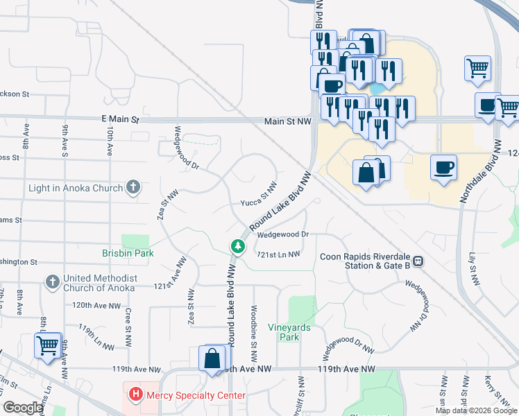 map of restaurants, bars, coffee shops, grocery stores, and more near 12331 Yucca Street Northwest in Coon Rapids
