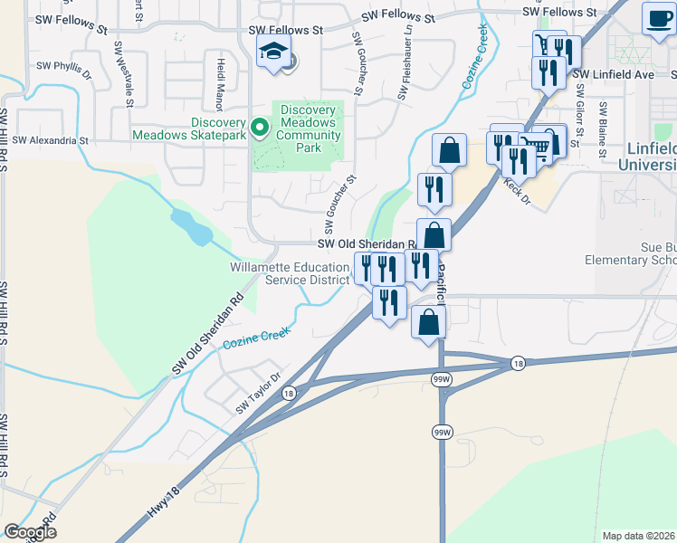 map of restaurants, bars, coffee shops, grocery stores, and more near 1760 Southwest Goucher Court in McMinnville