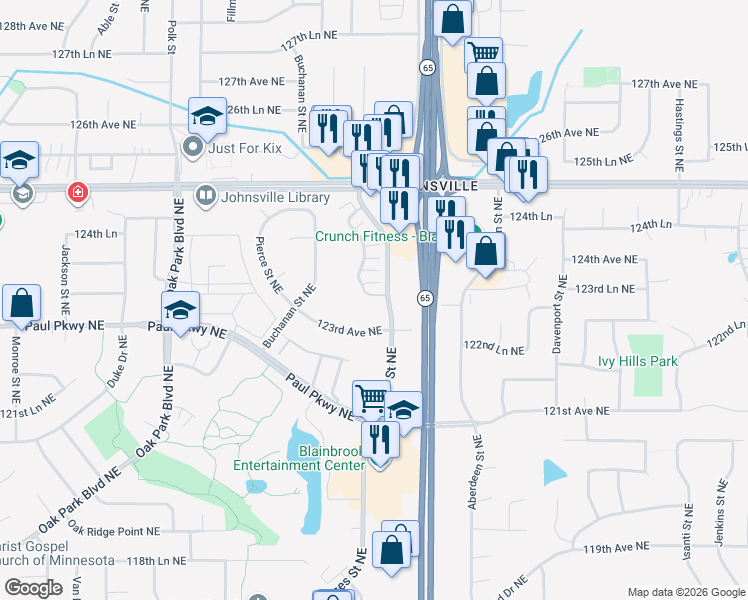 map of restaurants, bars, coffee shops, grocery stores, and more near 1316 123rd Lane Northeast in Minneapolis