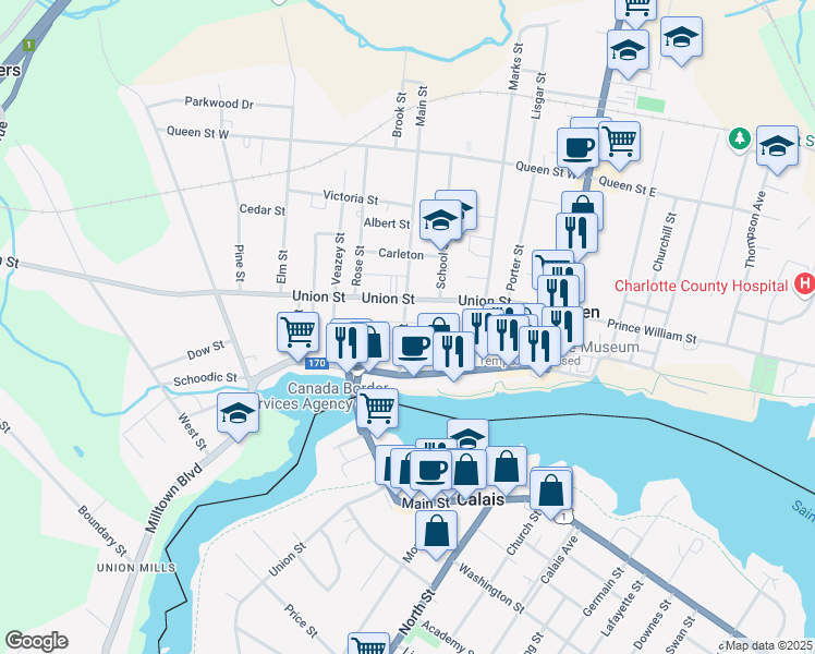 map of restaurants, bars, coffee shops, grocery stores, and more near 17 Main Street in Saint Stephen