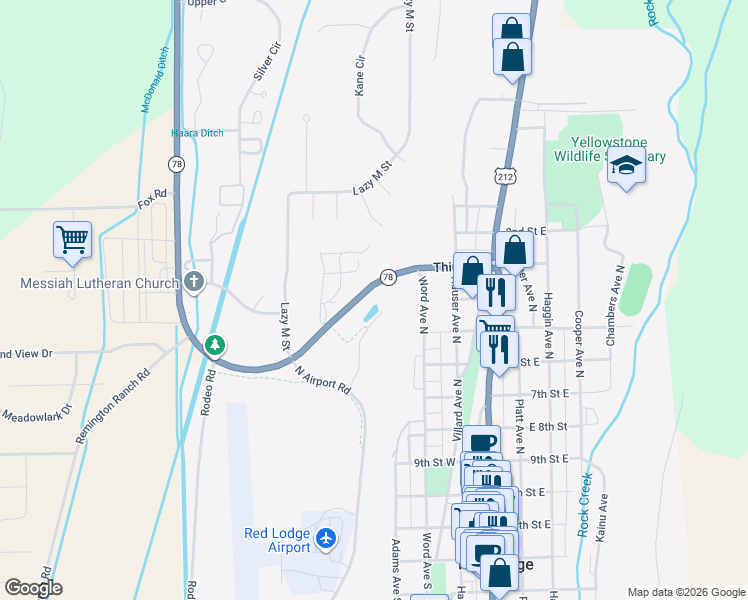 map of restaurants, bars, coffee shops, grocery stores, and more near 23 3rd Street in Red Lodge