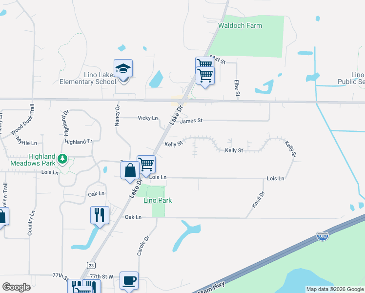 map of restaurants, bars, coffee shops, grocery stores, and more near 820 Kelly Street in Lino Lakes