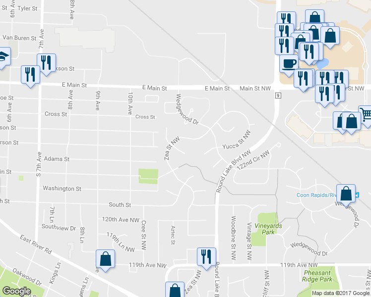 map of restaurants, bars, coffee shops, grocery stores, and more near 3873 123rd Avenue Northwest in Coon Rapids
