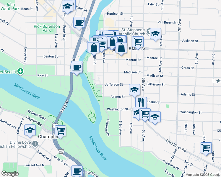 map of restaurants, bars, coffee shops, grocery stores, and more near 1625 3rd Avenue in Anoka