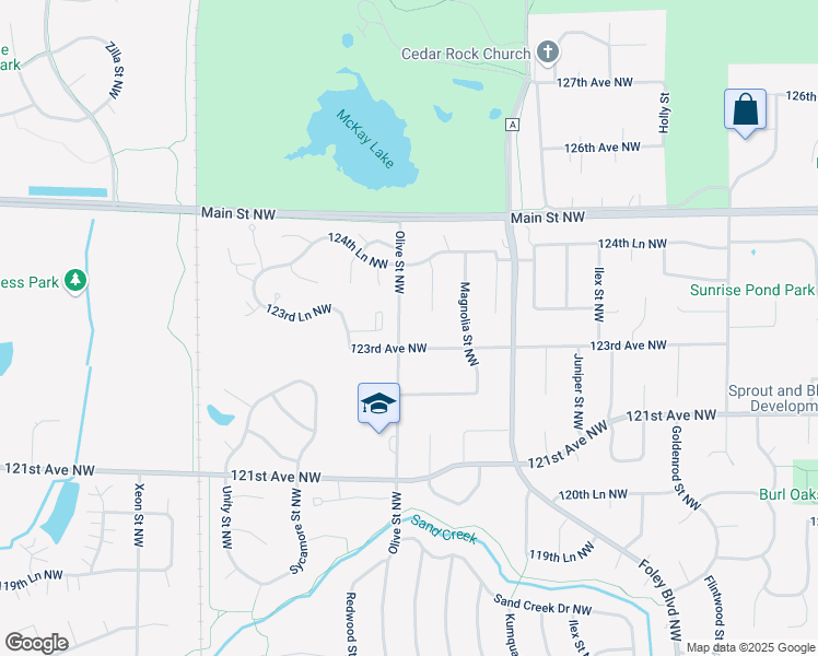 map of restaurants, bars, coffee shops, grocery stores, and more near 781 123rd Avenue Northwest in Minneapolis