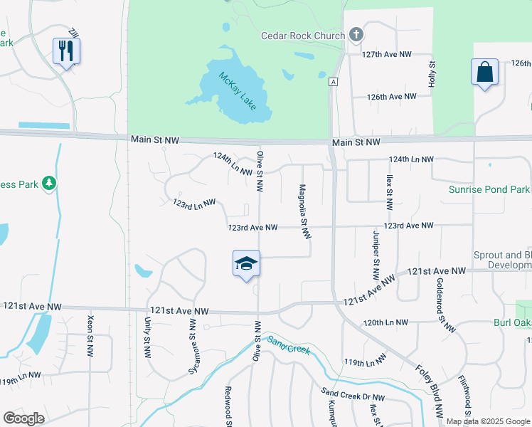 map of restaurants, bars, coffee shops, grocery stores, and more near 781 123rd Avenue Northwest in Minneapolis