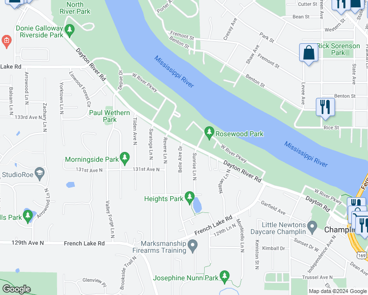 map of restaurants, bars, coffee shops, grocery stores, and more near 301 Belle Aire Drive in Champlin