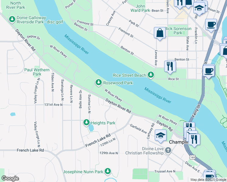 map of restaurants, bars, coffee shops, grocery stores, and more near 535 West River Parkway in Champlin