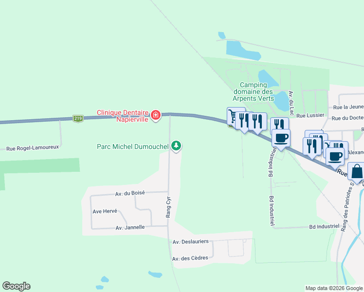 map of restaurants, bars, coffee shops, grocery stores, and more near in Saint-Cyprien-de-Napierville