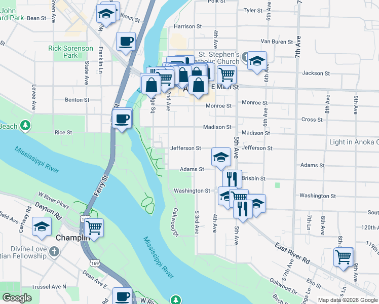 map of restaurants, bars, coffee shops, grocery stores, and more near 1612 3rd Avenue in Anoka