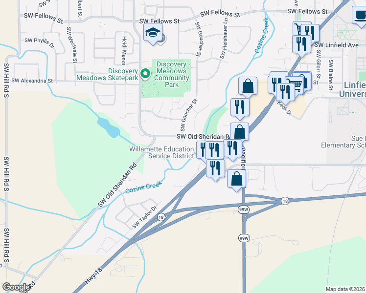 map of restaurants, bars, coffee shops, grocery stores, and more near 1500 Southwest Old Sheridan Road in McMinnville