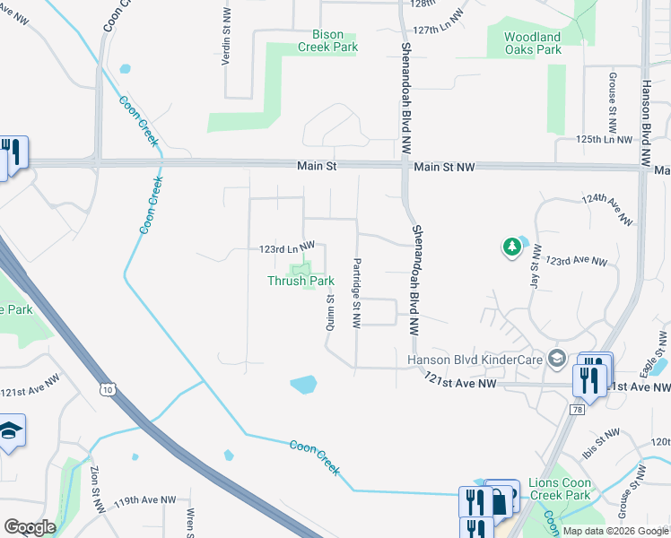 map of restaurants, bars, coffee shops, grocery stores, and more near 12261 Quinn Street in Minneapolis