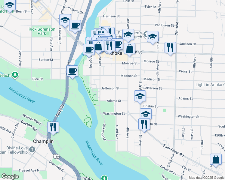 map of restaurants, bars, coffee shops, grocery stores, and more near 1612 3rd Avenue in Anoka