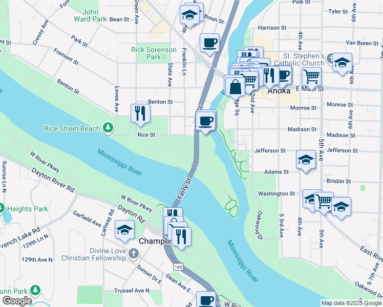map of restaurants, bars, coffee shops, grocery stores, and more near 1514 Franklin Lane in Anoka