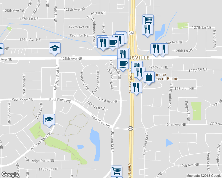 map of restaurants, bars, coffee shops, grocery stores, and more near 12336 Johnson Street Northeast in Minneapolis