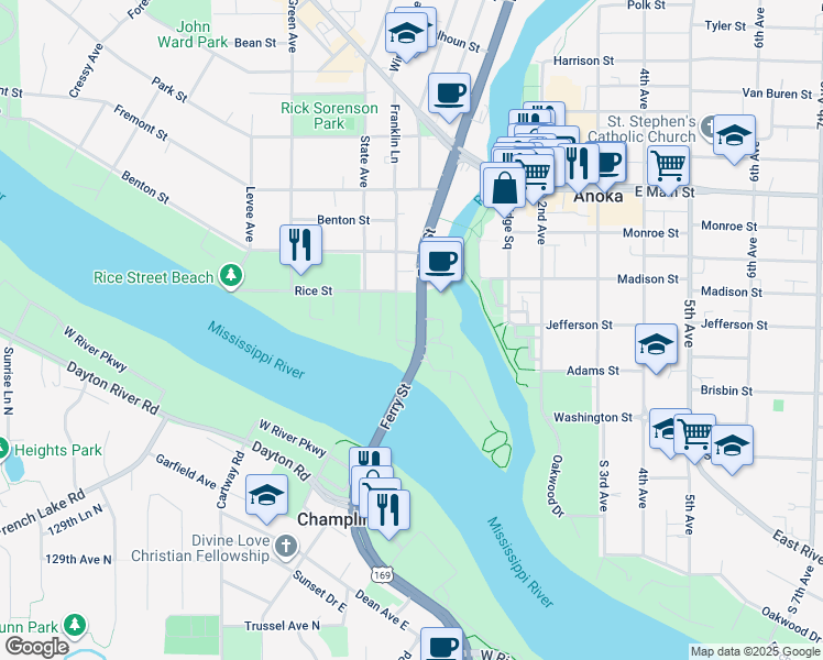 map of restaurants, bars, coffee shops, grocery stores, and more near 1514 Franklin Lane in Anoka