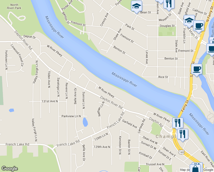 map of restaurants, bars, coffee shops, grocery stores, and more near 535 West River Parkway in Champlin