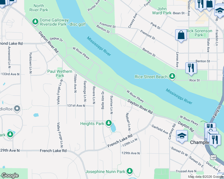 map of restaurants, bars, coffee shops, grocery stores, and more near 702 Dayton Road in Champlin