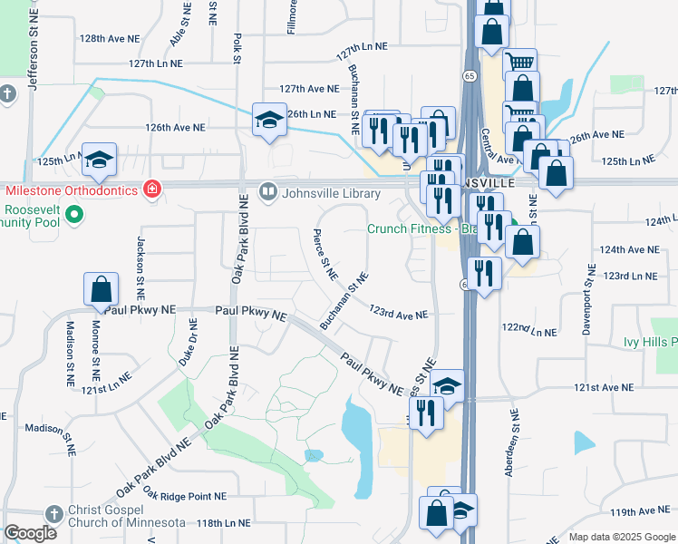 map of restaurants, bars, coffee shops, grocery stores, and more near 12321 Pierce Street Northeast in Blaine