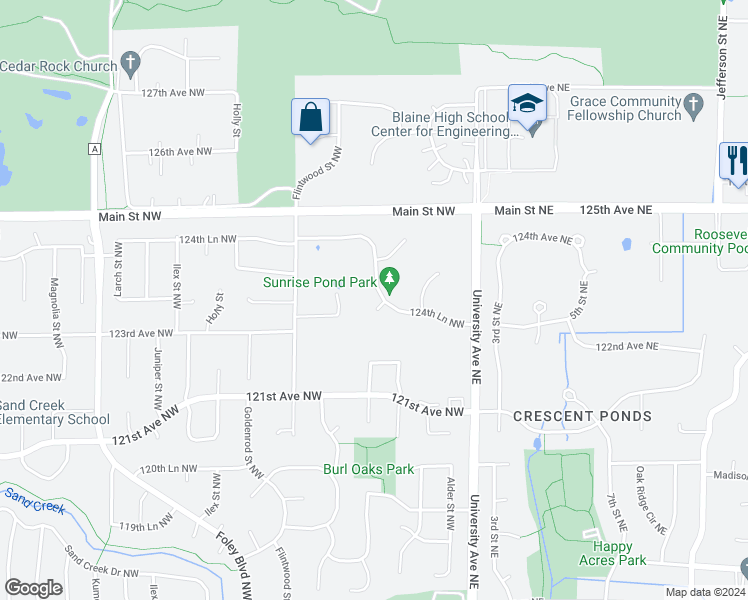 map of restaurants, bars, coffee shops, grocery stores, and more near 12380 Butternut Street Northwest in Coon Rapids