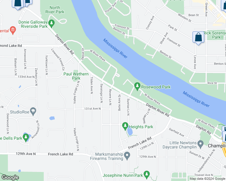 map of restaurants, bars, coffee shops, grocery stores, and more near 13224 Revere Lane North in Champlin