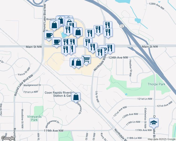 map of restaurants, bars, coffee shops, grocery stores, and more near 3300 124th Avenue Northwest in Coon Rapids