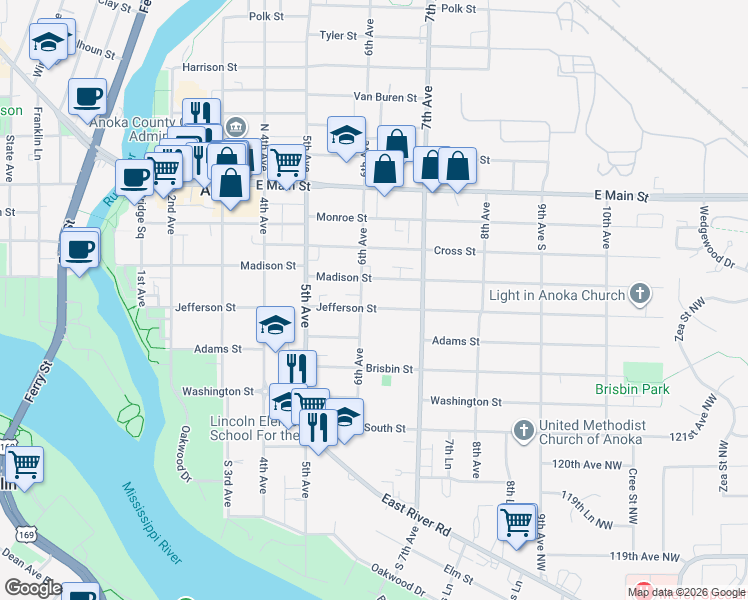 map of restaurants, bars, coffee shops, grocery stores, and more near 600 Madison Street in Anoka