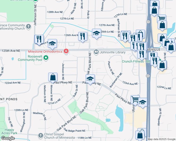 map of restaurants, bars, coffee shops, grocery stores, and more near 12401 Tyler Street Northeast in Blaine