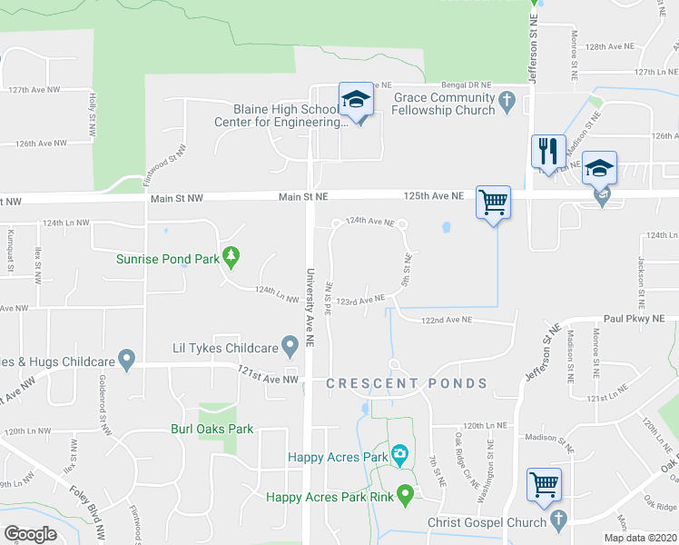 map of restaurants, bars, coffee shops, grocery stores, and more near 12335 3rd Street Northeast in Blaine