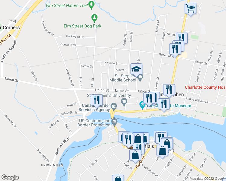 map of restaurants, bars, coffee shops, grocery stores, and more near 78 Union Street in Saint Stephen